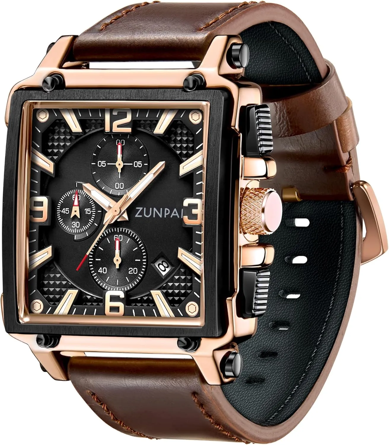 ZUNPAI Square Watches for Men Chronograph Quartz Analog, Mens Sport Watch with Leather Strap Waterproof Calendar for Men