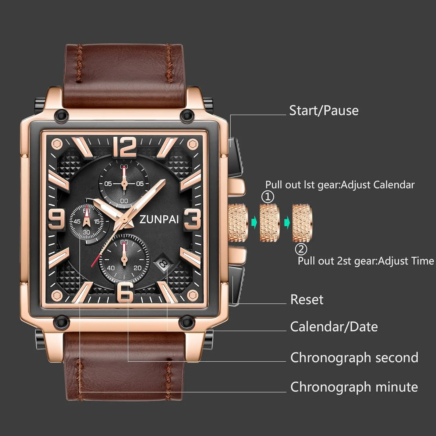 ZUNPAI Square Watches for Men Chronograph Quartz Analog, Mens Sport Watch with Leather Strap Waterproof Calendar for Men