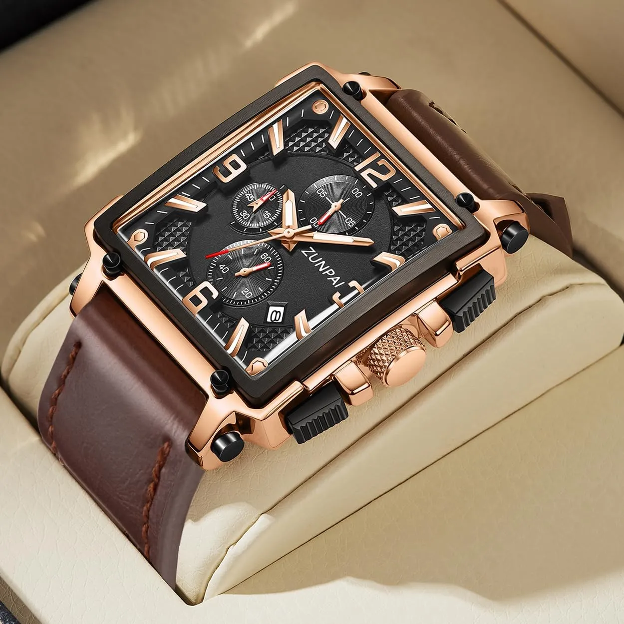 ZUNPAI Square Watches for Men Chronograph Quartz Analog, Mens Sport Watch with Leather Strap Waterproof Calendar for Men