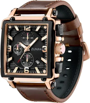 ZUNPAI Square Watches for Men Chronograph Quartz Analog, Mens Sport Watch with Leather Strap Waterproof Calendar for Men